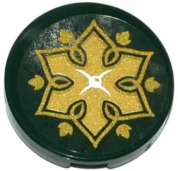 Tile, Round 2 x 2 with Bottom Stud Holder with Cushion with White Button, Gold Flower and Leaves on Transparent Background Pattern (Sticker) - Set 41075