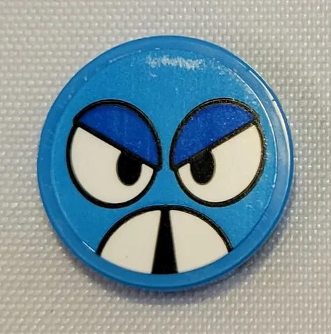 Tile, Round 2 x 2 with Bottom Stud Holder with White Eyes and Mandibles, Blue Angry Eyelids Pattern (Sticker) - Set 21331 (Sonic the Hedgehog Moto Bug Face)