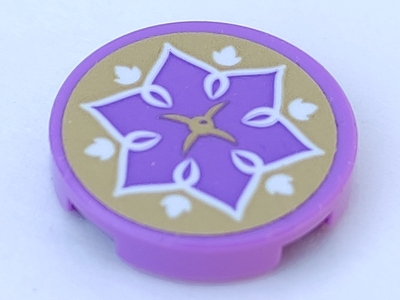 Tile, Round 2 x 2 with Bottom Stud Holder with Gold Cushion, White Leaves and Medium Lavender Flower Pattern (Sticker) - Set 41075