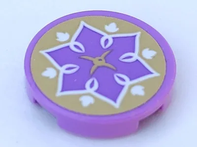 Tile, Round 2 x 2 with Bottom Stud Holder with Gold Cushion, White Leaves and Medium Lavender Flower Pattern (Sticker) - Set 41075