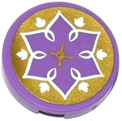Tile, Round 2 x 2 with Bottom Stud Holder with Gold Cushion, White Leaves and Flower Outline on Transparent Background Pattern (Sticker) - Set 41075