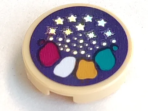 Tile, Round 2 x 2 with Bottom Stud Holder with Paint Patches, Silver Stars and Dots Pattern (Sticker) - Set 41687