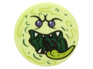 Tile, Round 2 x 2 with Bottom Stud Holder with Ghost Face with Dark Purple Eyes, Dark Green Open Mouth, White Sharp Teeth, and Lime Tongue Pattern