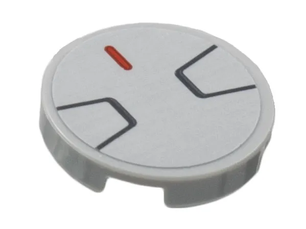 Tile, Round 2 x 2 with Bottom Stud Holder with Dark Red Line and 2 Black Trapezoids Pattern (Sticker) - Set 76831