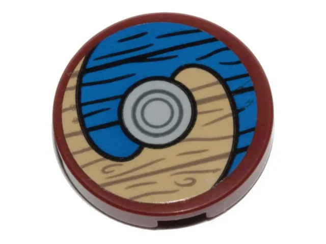 Tile, Round 2 x 2 with Bottom Stud Holder with Viking Shield Blue / Tan Sections and Wood Grain Pattern (Sticker) - Set 76208