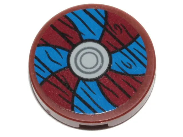 Tile, Round 2 x 2 with Bottom Stud Holder with Viking Shield Blue / Dark Red Sections and Wood Grain Pattern (Sticker) - Set 76208