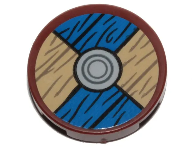 Tile, Round 2 x 2 with Bottom Stud Holder with Viking Shield Blue / Tan Sections and Wood Grain Pattern (Sticker) - Set 76208