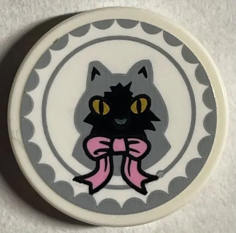 Tile, Round 2 x 2 with Bottom Stud Holder with Light Bluish Gray Cat with Gold Eyes and Bright Pink Bow Pattern (Sticker) - Set 76403