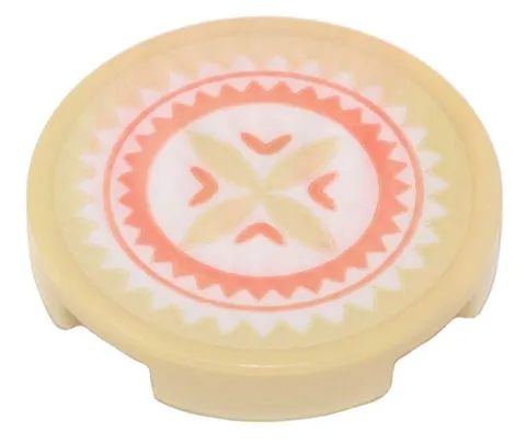 Tile, Round 2 x 2 with Bottom Stud Holder with Drum Skin with Tan, Coral and White Geometric Flower Pattern (Sticker) - Set 43205