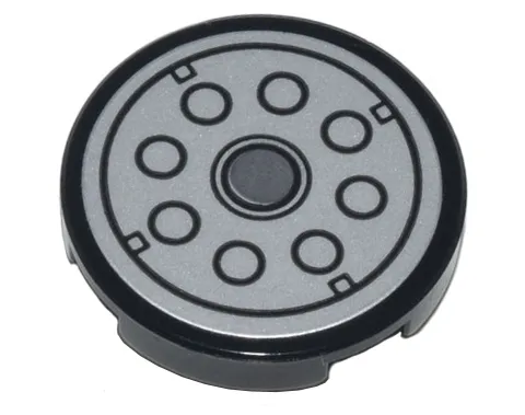 Tile, Round 2 x 2 with Bottom Stud Holder with Silver Reflector with Dark Bluish Gray Circles Pattern (Sticker) - Set 10298