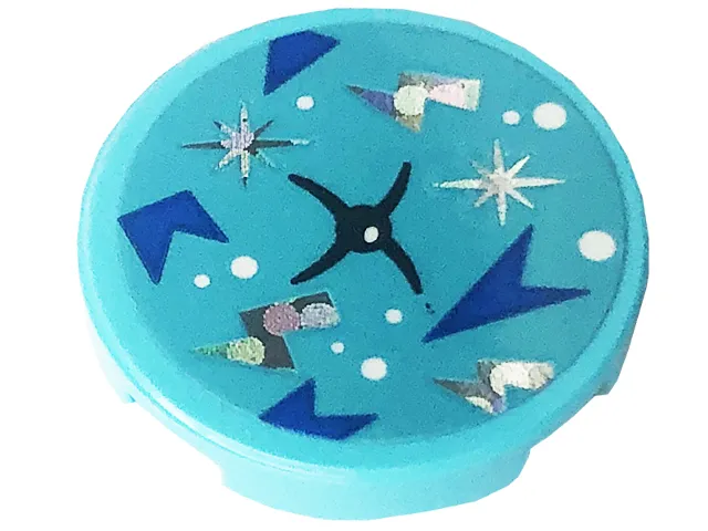 Tile, Round 2 x 2 with Bottom Stud Holder with Cushion with Black Button, White Dots, Blue Arrows, Holographic Stars and Lightning Bolts Pattern (Sticker) - Set 41708