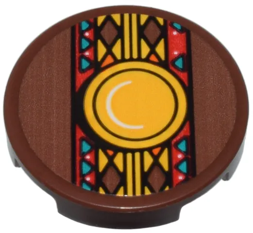 Tile, Round 2 x 2 with Bottom Stud Holder with Red, Orange, Reddish Brown, Dark Turquoise Table Cloth and Bright Light Orange Round Plate Pattern (Sticker) - Set 40583