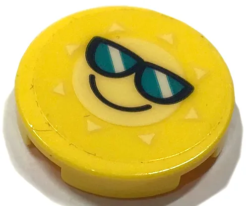 Tile, Round 2 x 2 with Bottom Stud Holder with Bright Light Yellow Sun with Dark Turquoise Sunglasses and Smile Pattern (Sticker) - Sets 41411 / 41413 / 41414