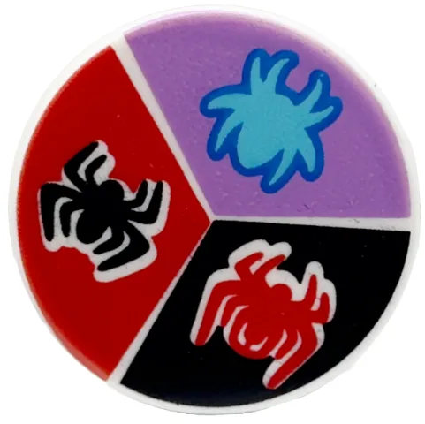 Tile, Round 2 x 2 with Bottom Stud Holder with Red, Black, and Medium Azure Spiders on Black, Red, and Medium Lavender Background Pattern