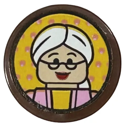 Tile, Round 2 x 2 with Bottom Stud Holder with Woman Minifigure with Glasses, White Hair and Bright Pink Top Pattern (Sticker) - Set 43217