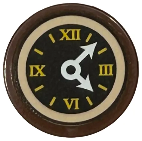 Tile, Round 2 x 2 with Bottom Stud Holder with Dark Brown Clock Face with Roman Numerals, White Hands, Light Nougat Border Pattern (Sticker) - Set 43217
