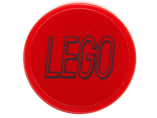 Tile, Round 2 x 2 with Bottom Stud Holder with Black LEGO Logo Outline Squared Ends on Red Background Pattern (Sticker) - Set 76039