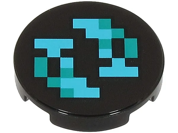 Tile, Round 2 x 2 with Bottom Stud Holder with Pixelated Medium Azure and Dark Turquoise Shapes and Squares Pattern (Minecraft Sculk Shrieker)