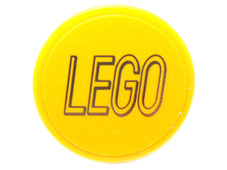 Tile, Round 2 x 2 with Bottom Stud Holder with Black LEGO Logo Outline Squared Ends on Yellow Background Pattern (Sticker) - Set 76039