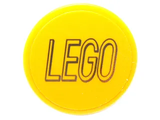 Tile, Round 2 x 2 with Bottom Stud Holder with Black LEGO Logo Outline Squared Ends on Yellow Background Pattern (Sticker) - Set 76039