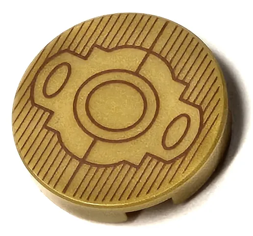 Tile, Round 2 x 2 with Bottom Stud Holder with Reddish Brown Lines, Circles, and Ovals Pattern (Batman Belt Buckle)