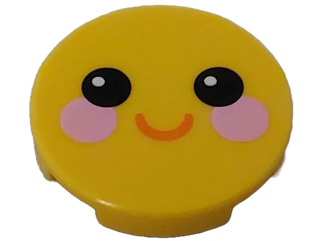 Tile, Round 2 x 2 with Bottom Stud Holder with Face with Black Eyes, Bright Pink Circles on Cheeks, Coral Smile Pattern