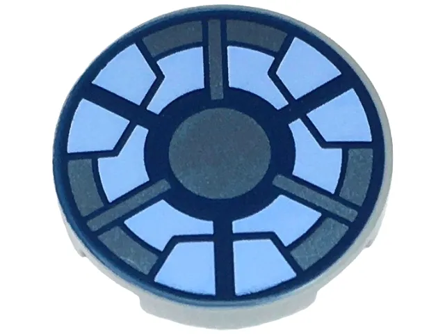 Tile, Round 2 x 2 with Bottom Stud Holder with Dark Blue, Metallic Light Blue, and Bright Light Blue Arc Reactor Pattern