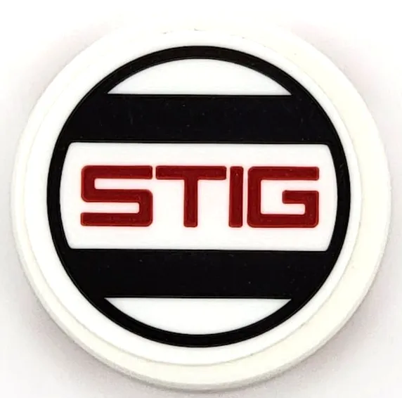 Tile, Round 2 x 2 with Bottom Stud Holder with Red 'STIG', Black Stripes and Circle Pattern (Sticker) - Set 42109