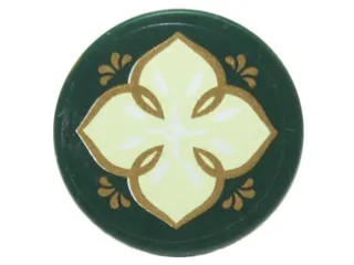 Tile, Round 2 x 2 with Bottom Stud Holder with Light Green Leaf with Four Petals and Gold Edges on Transparent Background Pattern (Sticker) - Set 41072