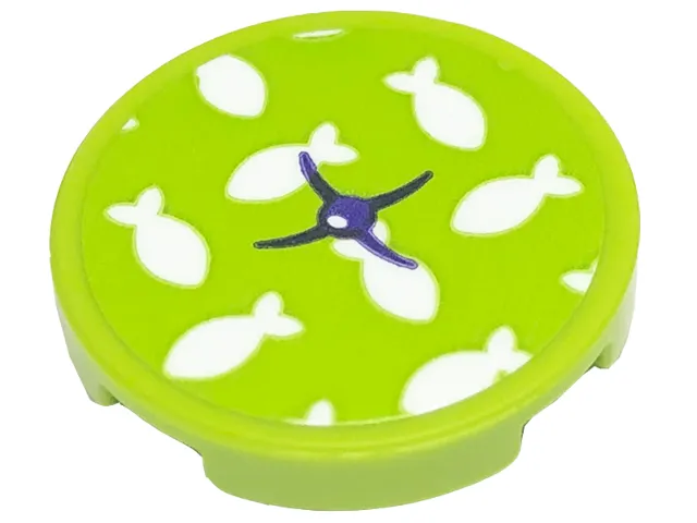Tile, Round 2 x 2 with Bottom Stud Holder with Cushion with White Fish and Dark Purple Button Pattern (Sticker) - Set 41699