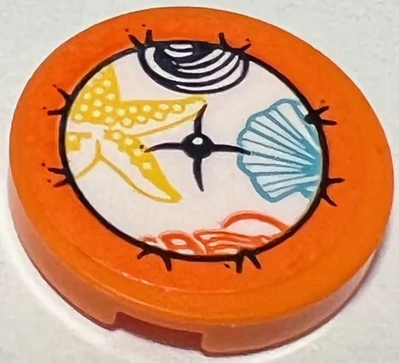 Tile, Round 2 x 2 with Bottom Stud Holder with White Cushion / Circle with Black Button, Yellow Starfish / Sea Star, and Medium Azure Seashell Pattern (Sticker) - Set 41428