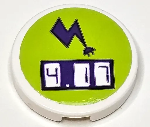 Tile, Round 2 x 2 with Bottom Stud Holder with Dark Purple Electric Charging Point Lightning Bolt and Digital '4.17' on Lime Background Pattern (Sticker) - Set 41350