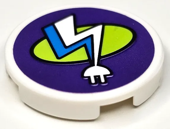 Tile, Round 2 x 2 with Bottom Stud Holder with Dark Azure and White Electric Charging Point Lightning Bolt and Lime Oval on Dark Purple Background Pattern (Sticker) - Set 41350