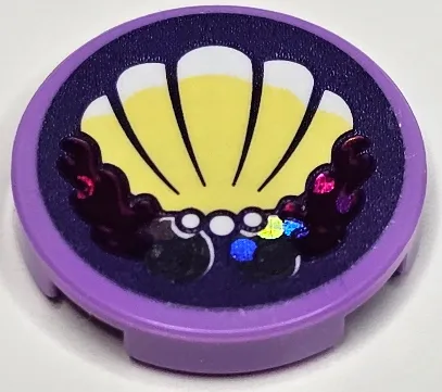 Tile, Round 2 x 2 with Bottom Stud Holder with Bright Light Yellow Scallop Shell, White Pearls and Holographic Highlights on Dark Purple Background Pattern (Sticker) - Set 41162