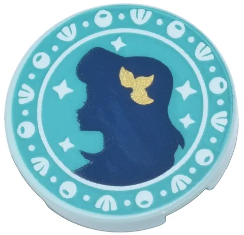 Tile, Round 2 x 2 with Bottom Stud Holder with Dark Blue Ariel Silhouette, Gold Flower, and White Seashells on Dark Turquoise Background Pattern