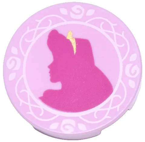 Tile, Round 2 x 2 with Bottom Stud Holder with Magenta Aurora Silhouette, Gold Tiara, and White Roses and Thorns Pattern
