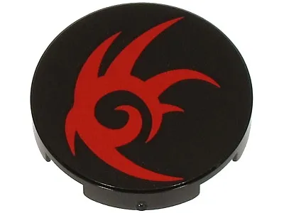 Tile, Round 2 x 2 with Bottom Stud Holder with Red Tribal Symbol Pattern (Shadow the Hedgehog Logo)