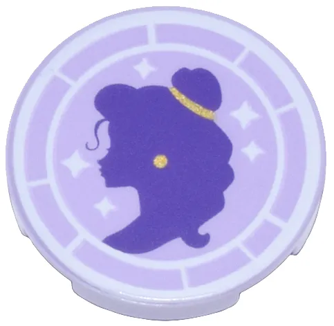 Tile, Round 2 x 2 with Bottom Stud Holder with Dark Purple Belle Silhouette, Gold Hairband and Earring, and White Frame and Sparkles Pattern