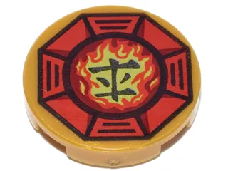 Tile, Round 2 x 2 with Bottom Stud Holder with Airjitzu Fire Symbol in Red Octagon Pattern