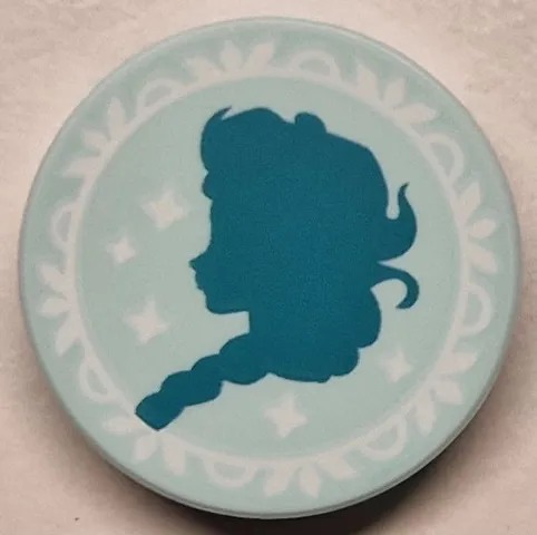 Tile, Round 2 x 2 with Bottom Stud Holder with Dark Turquoise Elsa Silhouette and White Frame and Sparkles Pattern