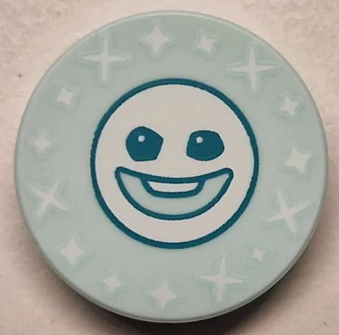 Tile, Round 2 x 2 with Bottom Stud Holder with Dark Turquoise Snowgie Face and White Sparkles Pattern