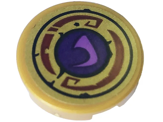 Tile, Round 2 x 2 with Bottom Stud Holder with Dark Purple Circle, Medium Lavender Ninjago Symbol, Dark Red Curved Lines in Black Ring Pattern (Sticker) - Set 71793
