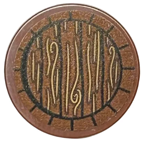 Tile, Round 2 x 2 with Bottom Stud Holder with Tan Wood Grain, Black Circle and Lines Pattern (Sticker) - Set 76412