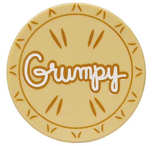 Tile, Round 2 x 2 with Bottom Stud Holder with White 'Grumpy', Dark Tan Outline and Lines (Pie Lid) Pattern