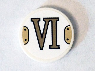 Tile, Round 2 x 2 with Bottom Stud Holder with Gold Roman Numeral 6 'VI' Pattern (Sticker) - Set 75904