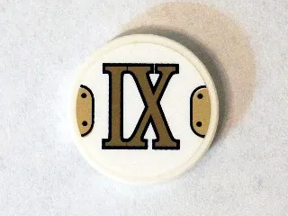 Tile, Round 2 x 2 with Bottom Stud Holder with Gold Roman Numeral 9 'IX' Pattern (Sticker) - Set 75904