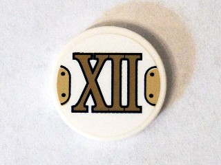 Tile, Round 2 x 2 with Bottom Stud Holder with Gold Roman Numeral 12 'XII' Pattern (Sticker) - Set 75904