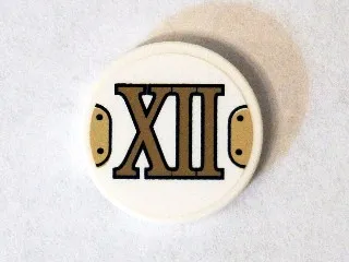 Tile, Round 2 x 2 with Bottom Stud Holder with Gold Roman Numeral 12 'XII' Pattern (Sticker) - Set 75904
