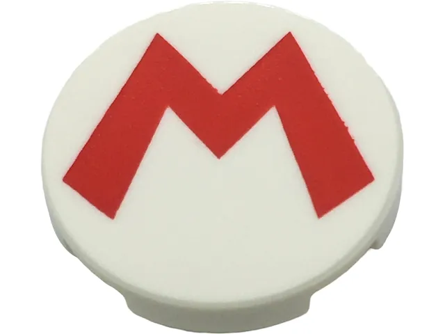 Tile, Round 2 x 2 with Bottom Stud Holder with Super Mario Logo Red Capital Letter M Pattern