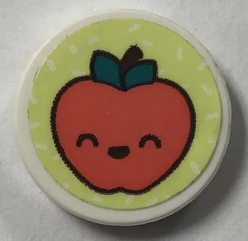 Tile, Round 2 x 2 with Bottom Stud Holder with Coral Apple with Face on Yellowish Green Background Pattern (Sticker) - Set 41926